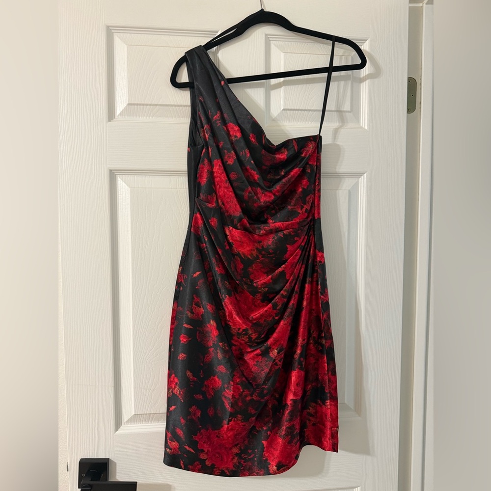 Cache Red and Black Asymmetrical Ruched Cocktail Dress
